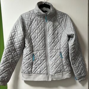 NORTH FACE Gray Quilted Jacket with Blue Accents